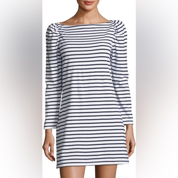A.L.C. 100% cotton Navy & White Nautical Stipe Bateau Neck 3/4 Sleeve Dress US L - Picture 2 of 9